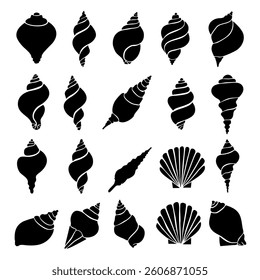 Vector silhouette collection of sea shells and pearl shell isolated on white background 