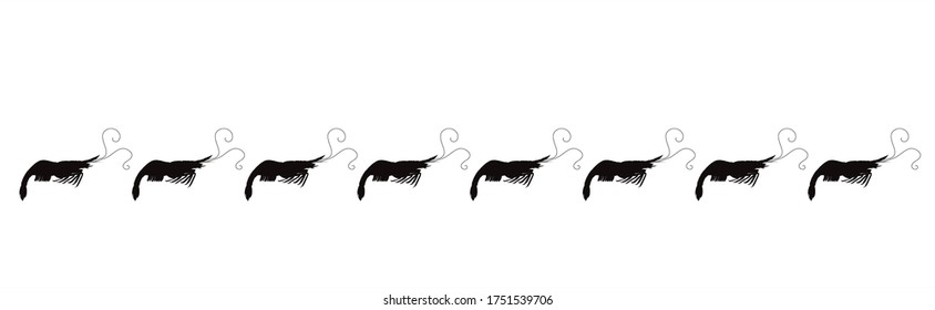 Vector silhouette of collection of shrimp on white background. Symbol of ocean animals.