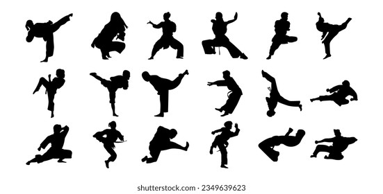 vector silhouette collection of silat people, pencak silat or martial arts.