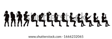 Vector silhouette of collection of sitting women on white background. Symbol of people.
