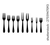 vector silhouette collection of various dining forks, including dinner, salad, carving, and dessert forks. Ideal for restaurant branding, menu design, and culinary guides.