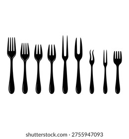 vector silhouette collection of various dining forks, including dinner, salad, carving, and dessert forks. Ideal for restaurant branding, menu design, and culinary guides.
