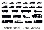 Vector silhouette collection of various vehicles including trucks and cars