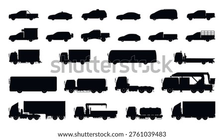 Vector silhouette collection of various vehicles including trucks and cars