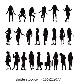 Vector silhouette of collection of women in different pose on white background. Symbol of people.