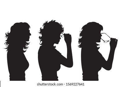 Vector silhouette of collection of face´s women with glasses on white background. Symbol of girl, people, head, hair, face, profile.