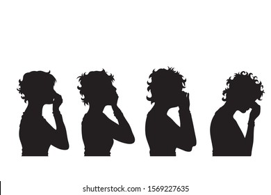 Vector silhouette of collection of face´s women on white background. Symbol of girl, people, head, hair, face, sad, cry, scream, stress, pain, profile.