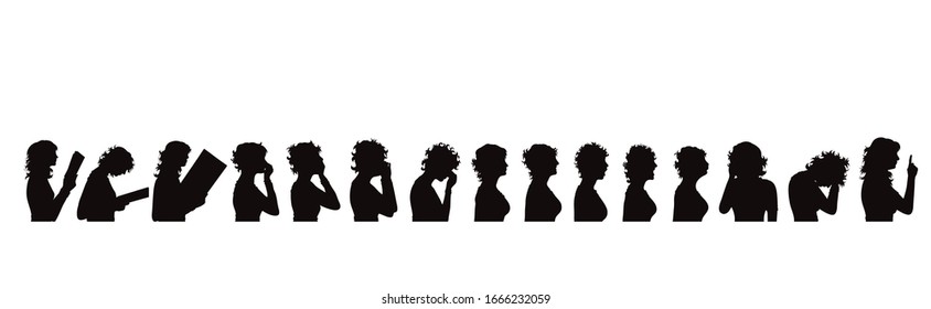 Vector silhouette of collection of women on white background. Symbol of people.