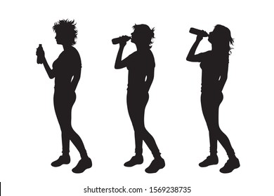 Vector silhouette of collection of women who drink from bottle on white background. Symbol of girl, people, healthy, sport, thirsty, lifestyle, body.