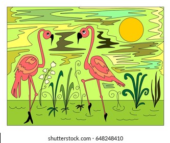 Vector silhouette of colorful hand drawn flamingos in the lake on the abstract green field background, cartoon illustration painted  with spring flowers, high quality