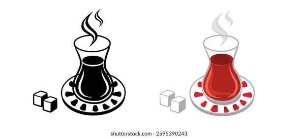 Vector silhouette and colorful hot Turkish tea cup in plate with sugar isolated Turkish tea cup on white background. Glass of tea cup. Graphic design element. Traditional drink in Turkey. 