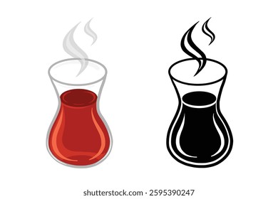 Vector silhouette and colorful hot Turkish tea cup in plate with sugar isolated Turkish tea cup on white background. Glass of tea cup. Graphic design element. Traditional drink in Turkey. 