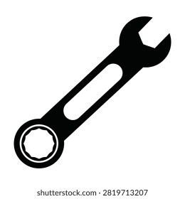 Vector silhouette of a combination wrench featuring open and box ends. Ideal for concepts related to mechanics, automotive repair, and industrial maintenance services.