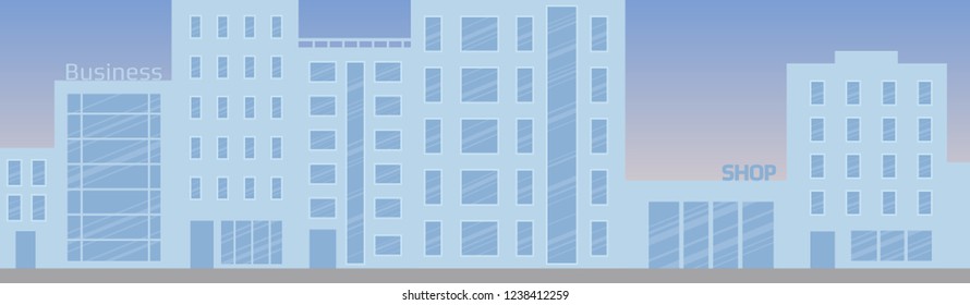 Vector silhouette of commom modern town street with shop houses and business center. Glass and concrete architecture in city. Background cityscape, landscape.