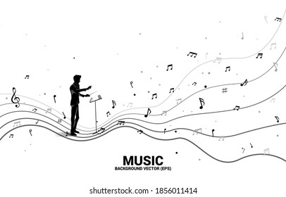 Vector silhouette of conductor with dancing flow shape music note . Concept background  music for kid and children.