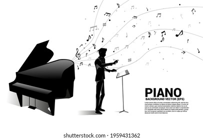 Vector silhouette of conductor with grand piano with music melody note dancing flow. Concept background for song and concert theme.