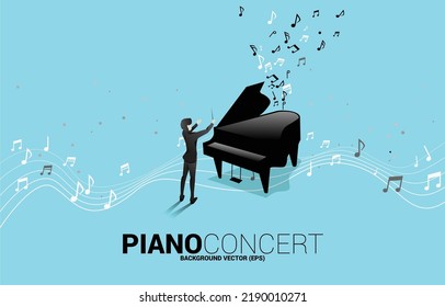 Vector silhouette of conductor with grand piano with music melody note dancing flow. Concept background for song and concert theme.