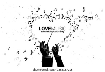 Silueta vectorial de la mano del conductor, palo de la porra con notas de la música del corazón volando. Antecedentes conceptuales de la canción de amor y el tema del concierto.