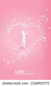 Vector silhouette of conductor hand hold baton stick with heart music note flying . Concept background for love song and concert theme.