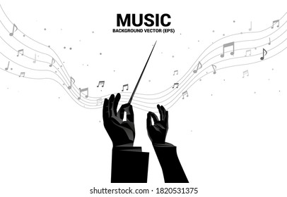 Vector silhouette of conductor hand with music melody note dancing flow . Concept background for classic music concert and recreation.