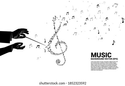 Vektor Silhouette der Dirigenten Hand mit Musik Melodie Form Sol Schlüssel Tanzstrom . Concept background for song and concert theme.