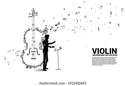 Vector silhouette of conductor hand with music melody note dancing flow shape violin icon . Concept background for song and concert theme.