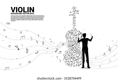 Vector silhouette of conductor hand with music melody note dancing flow shape violin icon . Concept background for song and concert theme.