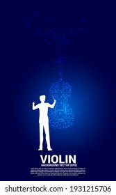 Vector silhouette of conductor hand with music melody note dancing flow shape violin icon . Concept background for song and concert theme.
