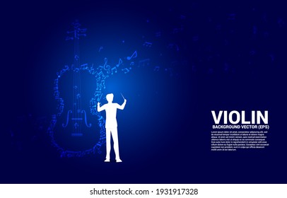Vector silhouette of conductor hand with music melody note dancing flow shape violin icon . Concept background for song and concert theme.