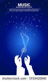Vector silhouette of conductor hand with music melody shape key note dancing flow . Concept background for song and concert theme.