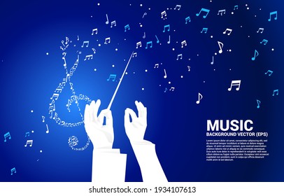 Vector silhouette of conductor hand with music melody shape key note dancing flow . Concept background for song and concert theme.