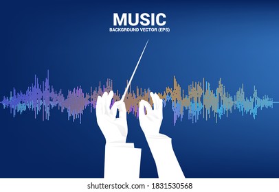 Vector silhouette of conductor hand with Sound wave Music Equalizer background. Concept background for classic music concert and recreation.