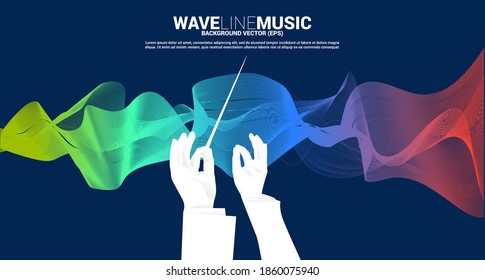 Vector silhouette of conductor hand with sound waves in background . Concept background for orchestra concert and recreation.