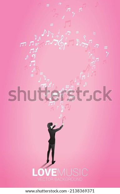 Vector\
silhouette of conductor with heart music note flying . Concept\
background for love song and concert\
theme.