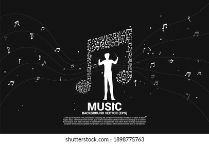 Vector silhouette of conductor with music icon shaped from key note dancing . Concept background for song and concert theme.