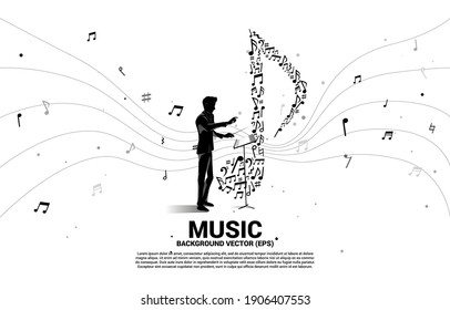 Vector silhouette of conductor with music icon shaped from key note dancing . Concept background for song and concert theme.