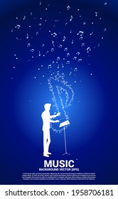 Vector silhouette of conductor with music icon shaped from key note dancing . Concept background for song and concert theme.