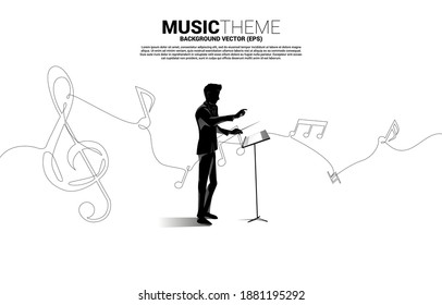 Vector silhouette of conductor with music melody note dancing flow from single line . Concept background for song and concert theme.