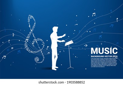 Vector silhouette of conductor with music melody  shape sol key note dancing flow . Concept background for song and concert theme.