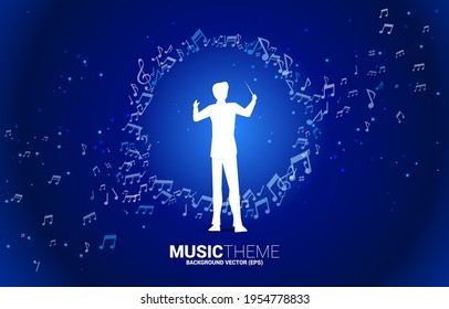 Vector silhouette of conductor with music melody note dancing flow . Concept background for classic music concert and recreation.