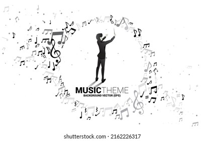 Vector silhouette of conductor with music melody note dancing flow . Concept background for classic music concert and recreation.