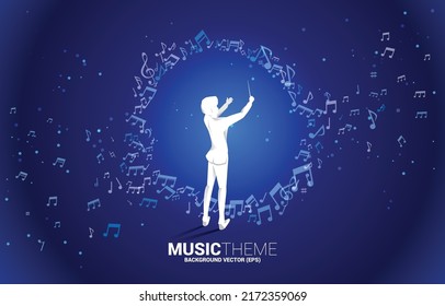 Vector silhouette of conductor with music melody note dancing flow . Concept background for classic music concert and recreation.