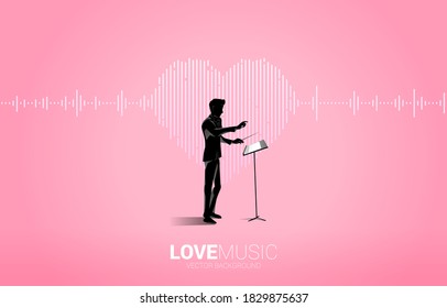 Vector silhouette of conductor with Sound wave heart icon Music Equalizer background. love song music visual signal 