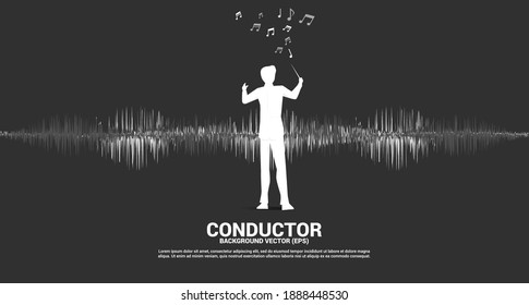 Vector silhouette of conductor with Sound wave Music Equalizer background. Concept background for classic music concert and recreation.