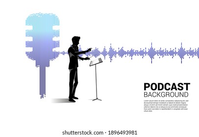 Silueta vectorial del conductor con icono de ondas sonoras fondo del ecualizador.Concepto de tema gráfico de podcast y karaoke
