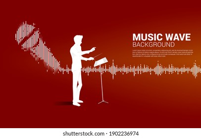 Vector silhouette of conductor with Sound wave microphone icon Equalizer background.Concept of Podcast and karaoke graphic theme