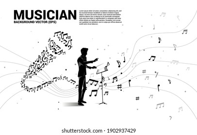 Vector silhouette of conductor with Sound wave microphone icon from music note melody dancing. karaoke and concert graphic visual style concept 
