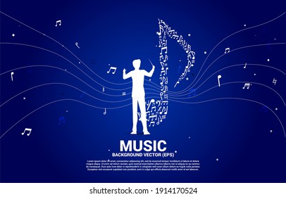 Silueta vectorial del director de orquesta con el icono del micrófono de ondas sonoras de la música nota melodía bailando. concepto de estilo visual gráfico de karaoke y conciertos