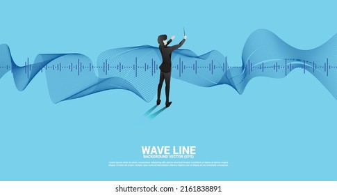 Vector silhouette of conductor with Sound wave Music Equalizer background. Concept background for classic music concert and recreation.