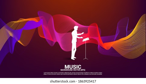Vector silhouette of conductor  with sound waves in background . Concept background for orchestra concert and recreation.